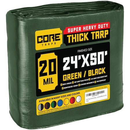 Core Tarps Heavy Duty Tarp, 50 ft L x 0.5 mm H x 24 ft W, 20 Mil, Green/Black, Polyethylene CT-703-24X50